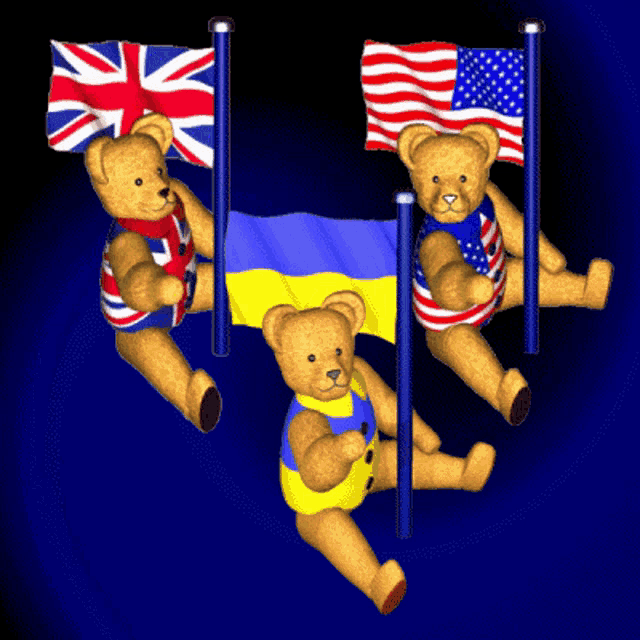 three teddy bears holding flags from different countries including the united kingdom the united states and ukraine