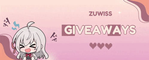 a pink banner that says zuwiss giveaways with a girl on it