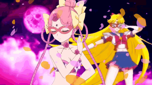 a cartoon of a girl in a mask and a girl in a sailor suit standing next to each other