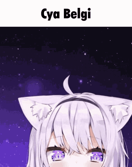 a girl with cat ears and purple eyes is looking up at the stars .
