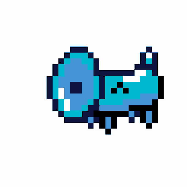 a pixel art drawing of a blue whale with a white eye .