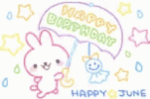 a drawing of a rabbit holding an umbrella with the words `` happy birthday `` written on it .