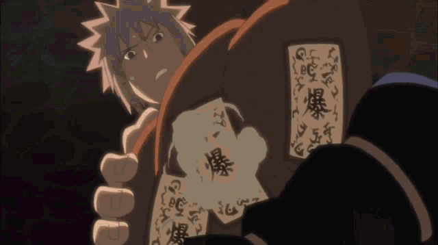a cartoon character is holding a piece of paper with chinese characters on it