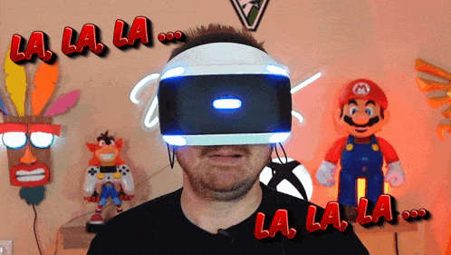 a man wearing a virtual reality headset with the words la la la on the bottom