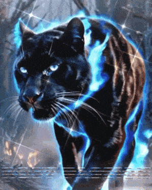 a black panther with blue eyes is surrounded by blue fire