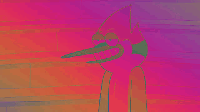 a cartoon character with a long beak is smiling with a pink background