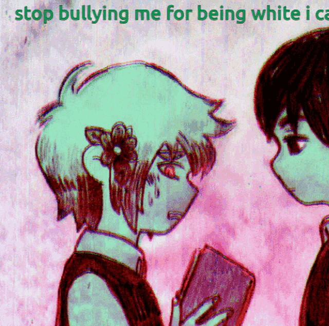 a drawing of a girl with a flower in her hair and the words stop bullying me for being white i can