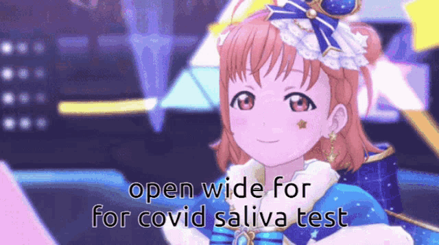 a picture of a girl with the words open wide for for covid saliva test on it