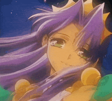 a cartoon girl with purple hair and green eyes