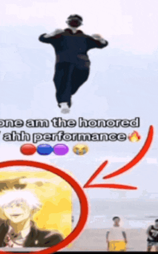 a man is flying through the air with the words " one am the honored ahh performance " above him