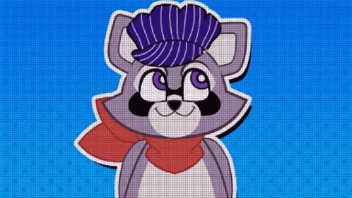a raccoon wearing a purple hat and a scarf