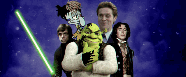 a group of cartoon characters including shrek and bart simpson are standing next to each other