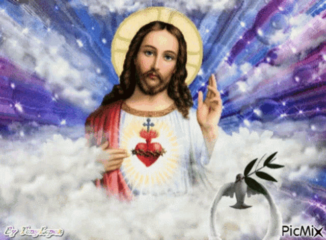 a picture of jesus with a heart in his chest and the words picmix below him