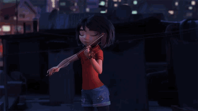 a girl in a red shirt is playing a violin at night