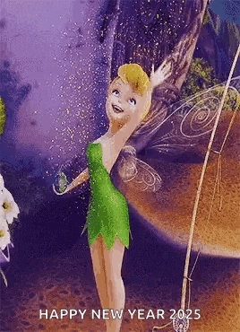 tinkerbell from tinkerbell is flying in the air with her arms outstretched and a happy new year greeting .