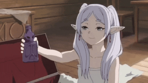 a girl with white hair is holding a purple bottle with a skull on it .