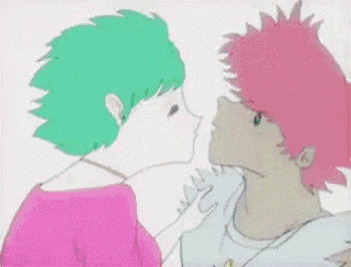 a person with pink hair is holding a blue guitar