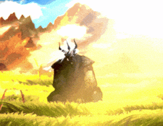 a painting of a rock with horns in a field with mountains in the background