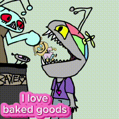 a cartoon character says i love baked goods in a pink bubble