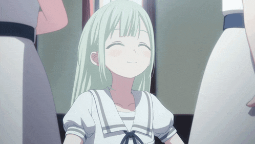 a girl with long white hair is smiling and wearing a sailor outfit