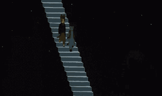two cartoon characters walking up a set of stairs in front of a pyramid