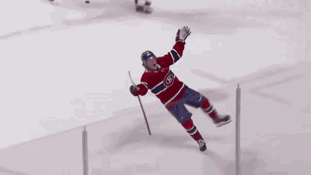 a hockey player in a red , white , and blue jersey is standing on the ice .