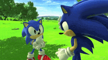 two sonic the hedgehogs are standing next to each other on a grassy field .