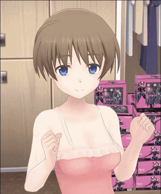 a girl in a pink tank top is standing in front of a stack of pink boxes with a robot on them