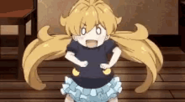 a cartoon girl with long blonde hair is standing on a wooden floor .