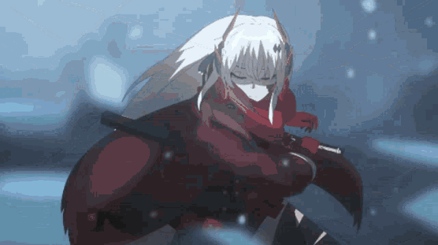 a girl with white hair is holding a sword in her hand