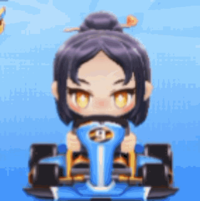 a girl with purple hair is driving a blue and yellow race car .