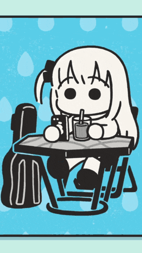 a drawing of a girl sitting at a table drinking from a cup with a straw