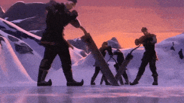 a group of people standing in the snow with a purple sky behind them