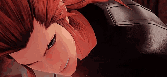 a close up of a video game character with red hair and a black jacket