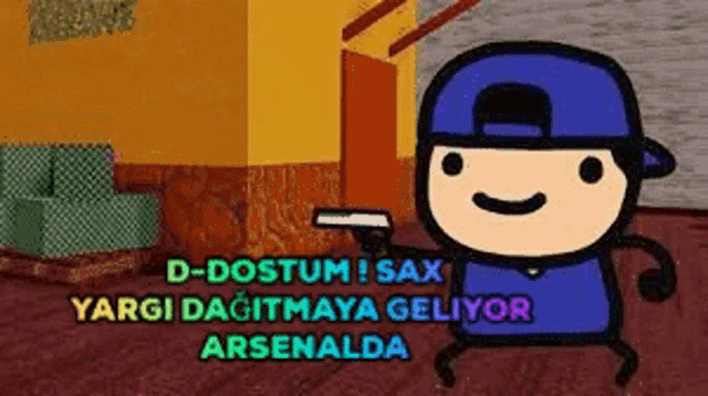 a cartoon character in a blue hat is holding a gun in front of a building .