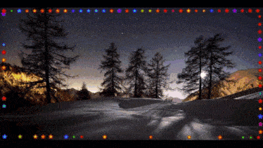 a snowy landscape with trees and a full moon in the background