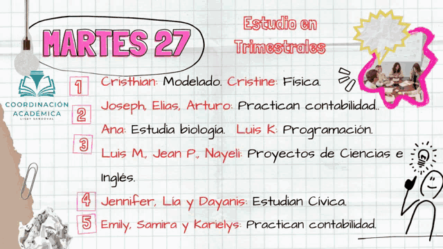 a sheet of paper that says martes 27 estudio en trimestrales
