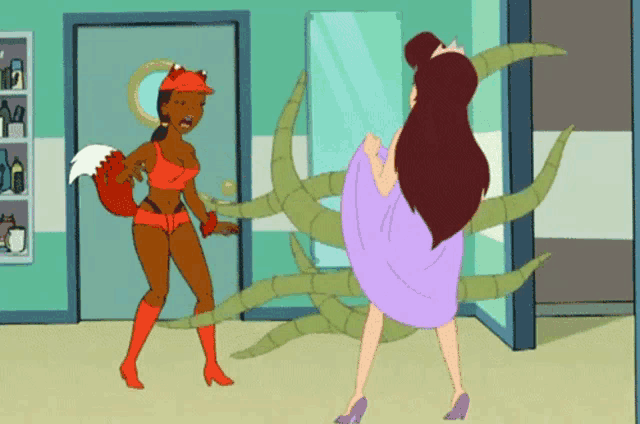 a cartoon of a woman in a fox costume standing next to another woman in a purple dress