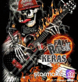 a poster of a skeleton playing a guitar with the words " family rock keras "
