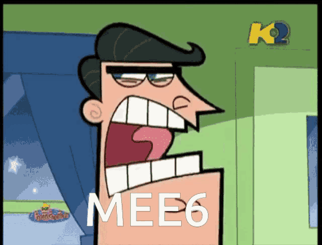 a cartoon of a man with his mouth wide open and the word mee6 on the bottom
