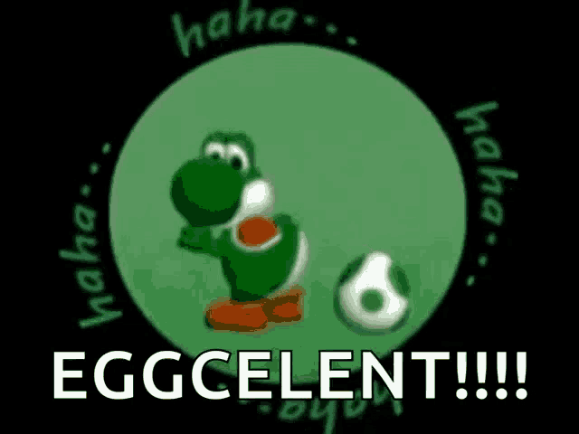 a cartoon of yoshi playing soccer with a soccer ball and the words `` eggcellent !!! '' .