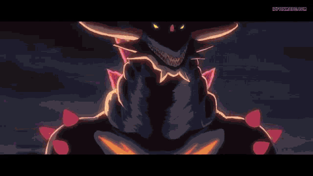 a close up of a cartoon character with a purple eye and pink horns