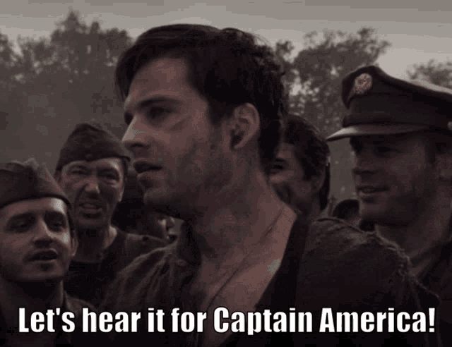 a man in a military uniform says let 's hear it for captain america in front of a group of soldiers