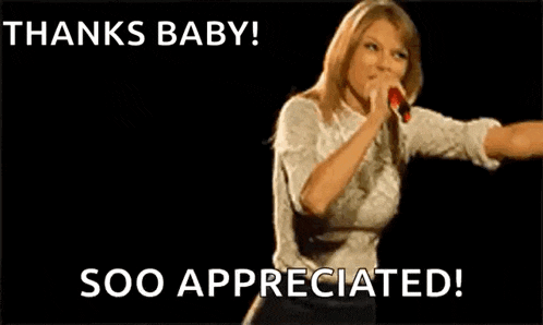 a woman is dancing on a stage with a microphone in her hand and the words `` thanks baby ! soo appreciated ! ''