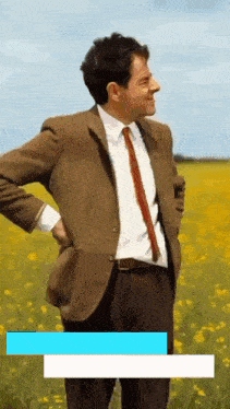 a man in a suit and tie is standing in a field .