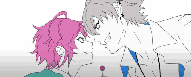 a drawing of a girl with pink hair and a boy with gray hair looking at each other