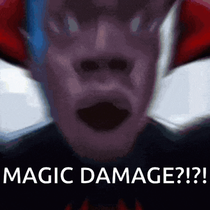 a close up of a person 's face with the words `` magic damage ? '' written on it .