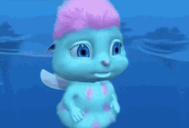 a blue cartoon character with pink hair is swimming in the ocean
