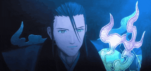 a man in a black cape stands in front of a blue and pink flame