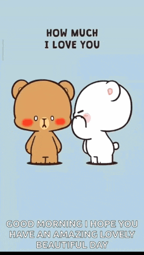 a couple of teddy bears standing next to each other with the words " how much i love you " on top